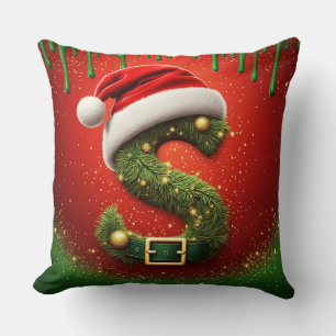 Christmas Monogram S with Santa Hat Holiday Gift Throw Pillow