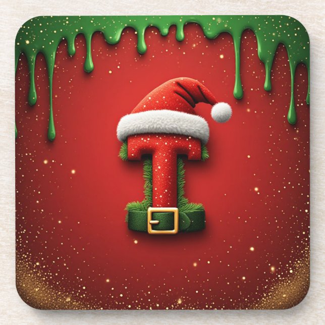 Christmas Monogram T with Santa Hat Holiday Gift Coaster (Front)