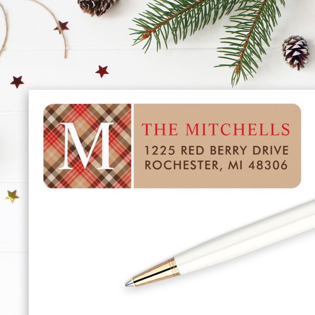 Christmas Monogram Tan Tartan Plaid Return Address (Creator Uploaded)