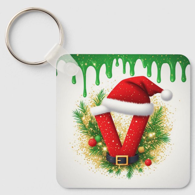 Christmas Monogram V For Holiday Names Keychain (Front)