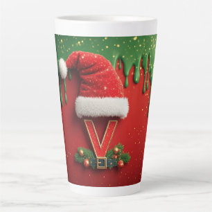 Christmas Monogram V Santa Holiday Letter Latte Mug