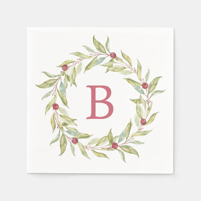 Christmas Monogram Winter Greenery Leaves Berries Napkin (Front)