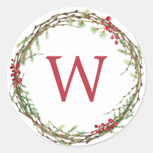 Christmas Monogram Winter Greenery Wreath Berries Classic Round Sticker