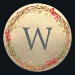 Christmas Monogram Winter Greenery Wreath Gold Classic Round Sticker<br><div class="desc">Rustic monogrammed winter greenery leaves berries wreath Christmas gold envelope seal or gift sticker. Simply customize the Christmas label by adding your monogram initial. Modern and simple,  red and green Christmas theme. Exclusively designed for you by Happy Dolphin Studio. If you need any help please contact us at happydolphinstudio@outlook.com.</div>