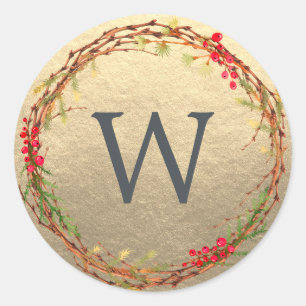 Christmas Monogram Winter Greenery Wreath Gold Classic Round Sticker