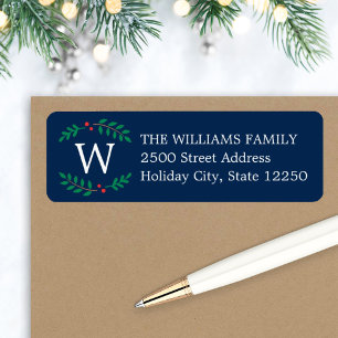 Christmas Monogram Wreath Navy Blue Return Address