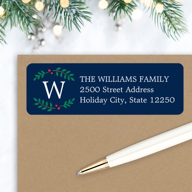 Christmas Monogram Wreath Navy Holiday Address (Creator Uploaded)