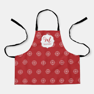 Christmas Monogrammed Cute Simple Snowflake Red Apron