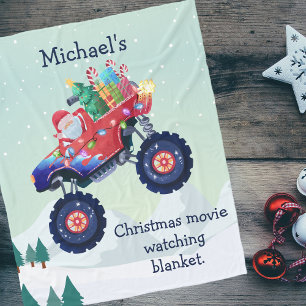 Christmas Monster Truck Santa Movie Watching Fleece Blanket