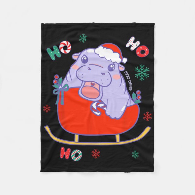 Christmas Moo Deng Reindeer Sleigh Cute Kids Girls Fleece Blanket (Front)
