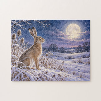 Christmas Moonlit Winter Hare Snowy Meadow Jigsaw Puzzle