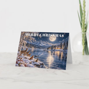 Christmas Moonlit Winter Lake & Woodland Wildlife Holiday Card