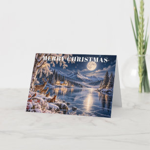 Christmas Moonlit Winter Lake & Woodland Wildlife Holiday Card