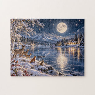 Christmas Moonlit Winter Lake & Woodland Wildlife Jigsaw Puzzle