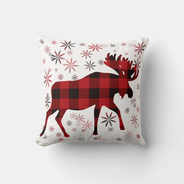 Christmas Moose classic red black plaid Throw Pillow (Front)