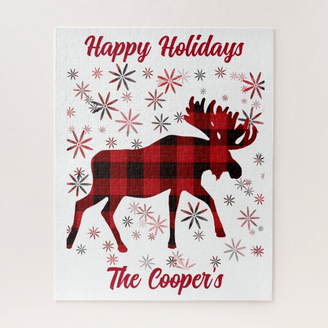 Christmas Moose classic red plaids snowflakes  Jigsaw Puzzle (Vertical)