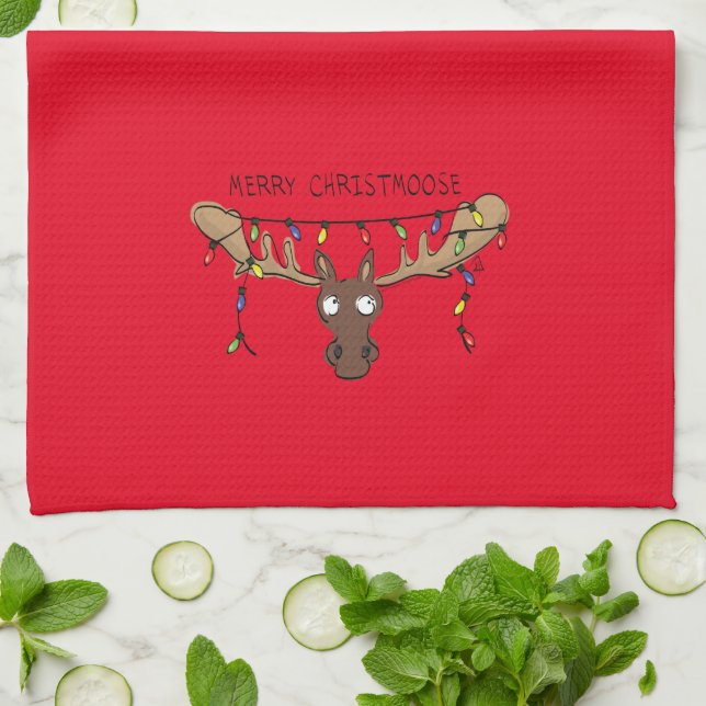 Christmas Moose Cute Funny Holiday Animal Kitchen Towel (Folded)