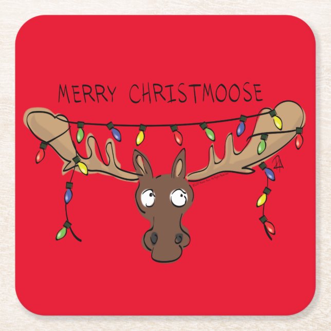 Christmas Moose Cute Funny Holiday Animal Square Paper Coaster (Front)