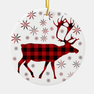 Christmas Moose, deer, elk, caribou, red plaids Ceramic Ornament