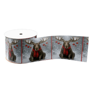 Christmas Moose In a Snowy Forest Grosgrain Ribbon