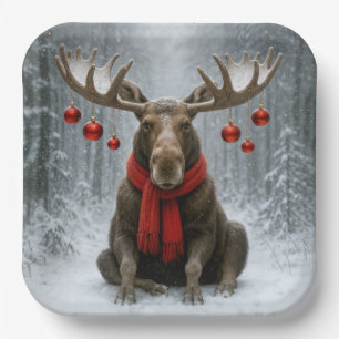 Christmas Moose In a Snowy Forest Paper Plate