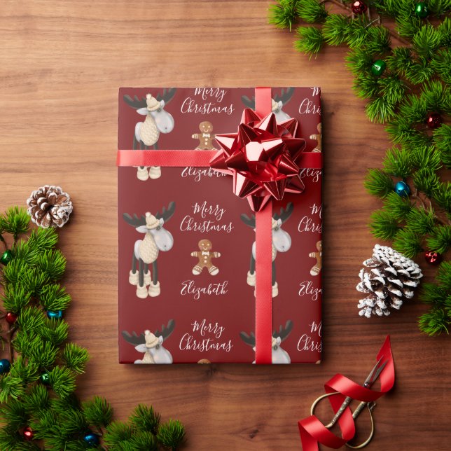 Christmas Moose Merry Christmas Personalized Red Wrapping Paper (Holiday Gift)
