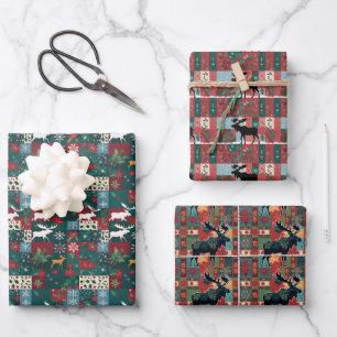 Christmas Moose Patchwork Plaid Wrapping Paper Sheet