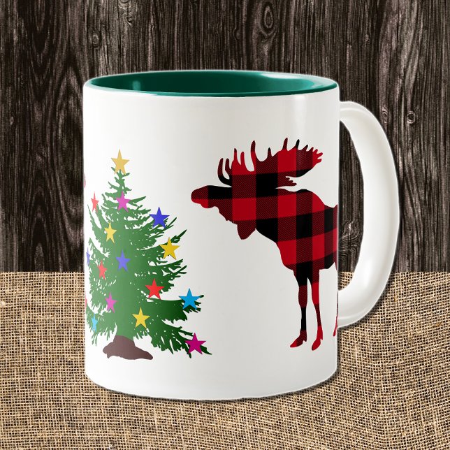 Christmas Moose Red & Black Buffalo Plaid, Tree Two-Tone Coffee Mug (Creator Uploaded)