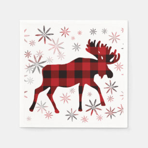 Christmas Moose red plaids snowflakes Napkin