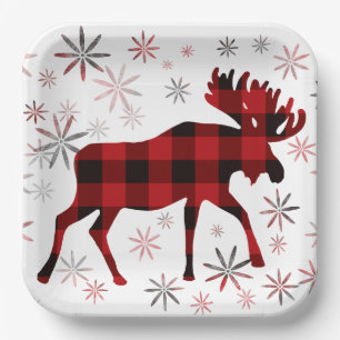 Christmas Moose red plaids snowflakes Paper Plate