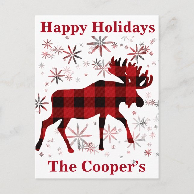 Christmas Moose red plaids snowflakes Postcard (Front)