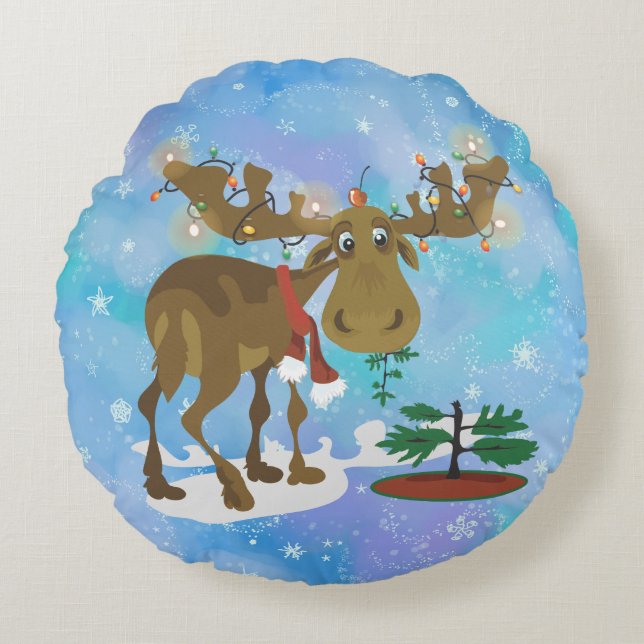 Christmas Moose Round Pillow (Front)