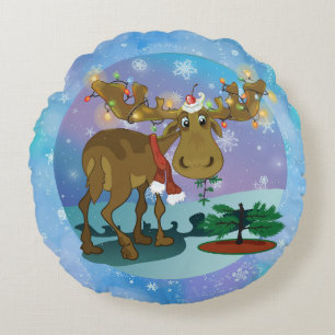 Christmas Moose Round Pillow