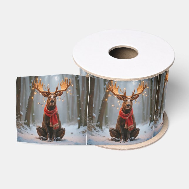 Christmas Moose Wearing Scarf and Lights Grosgrain Ribbon (Spool)