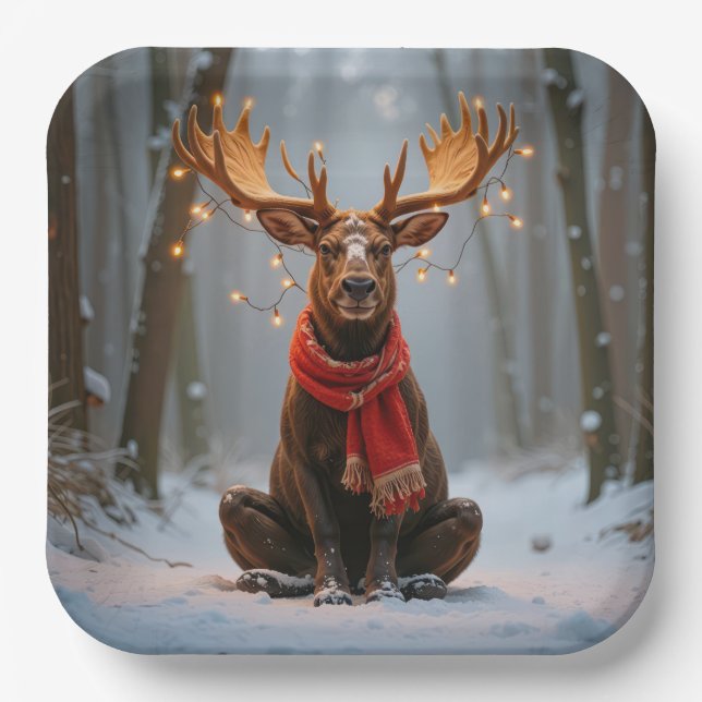 Christmas Moose Wearing Scarf and Lights Paper Plate (Front)
