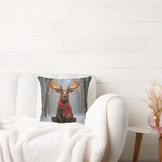 Christmas Moose Wearing Scarf and Lights Throw Pillow (Couch)