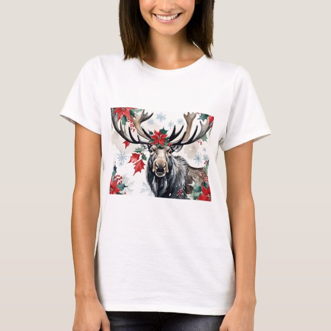 Christmas Moose With Big Antlers And Poinsettias T-Shirt (Front)