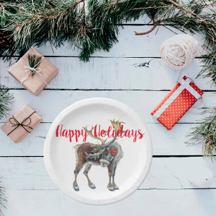 Christmas Moose with Customizable Greeting Paper Plate