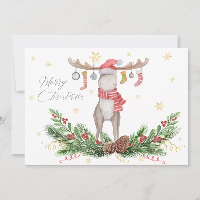 Christmas Moose With Decorated Antlers Holiday Card (Front)