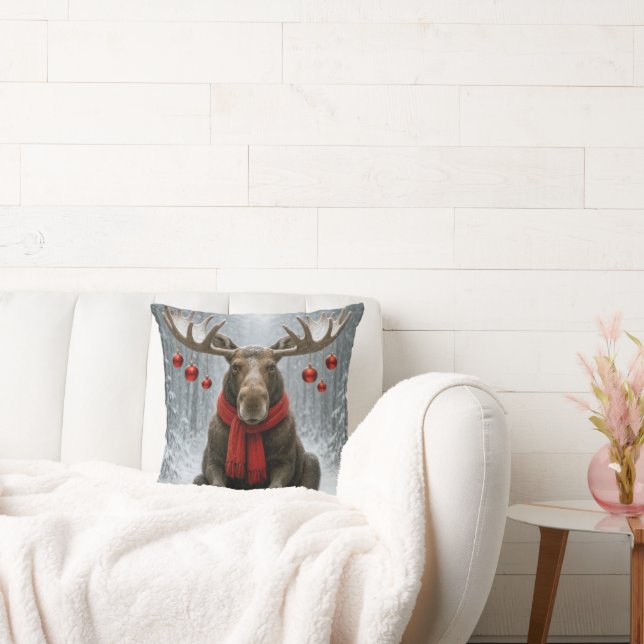 Christmas Moose With Holiday Ornaments Throw Pillow (Couch)