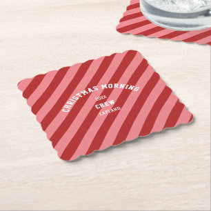 Christmas Morning Crew Red Pink Candy Stripes Paper Coaster