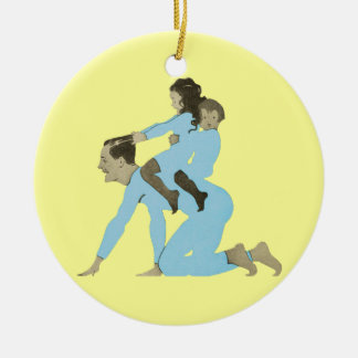 Christmas Morning Father Children Playing Vintage Ceramic Ornament