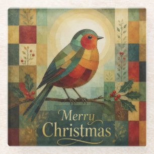Christmas Mosaic Robin Bird Holly Berry Glass Coaster