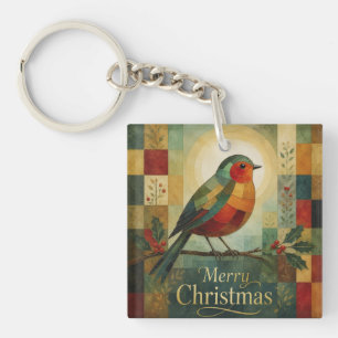 Christmas Mosaic Robin Bird Holly Berry Keychain