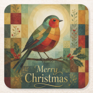Christmas Mosaic Robin Bird Holly Berry Square Paper Coaster