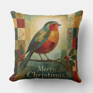 Christmas Mosaic Robin Bird Holly Berry Throw Pillow