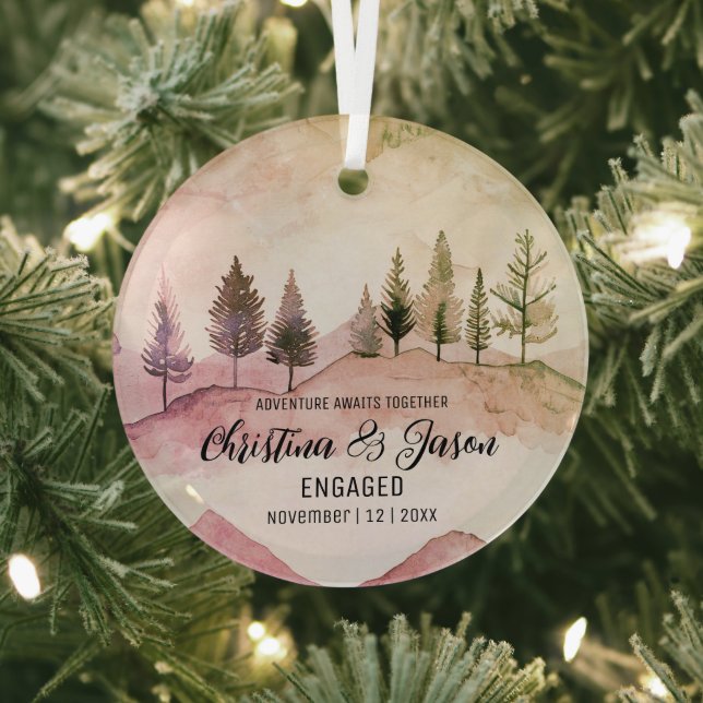 Christmas Mountain Hiking Engagement Pink Green Glass Ornament (Insitu)