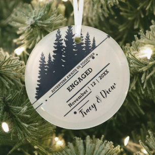 Christmas Mountain Pine Trees Couple Engaged Black Glass Ornament