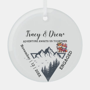 Christmas Mountain Pine Trees Couple Engaged Black Glass Ornament