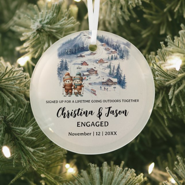 Christmas Mountain Skiing Snow Couple Engagement Glass Ornament (Insitu)